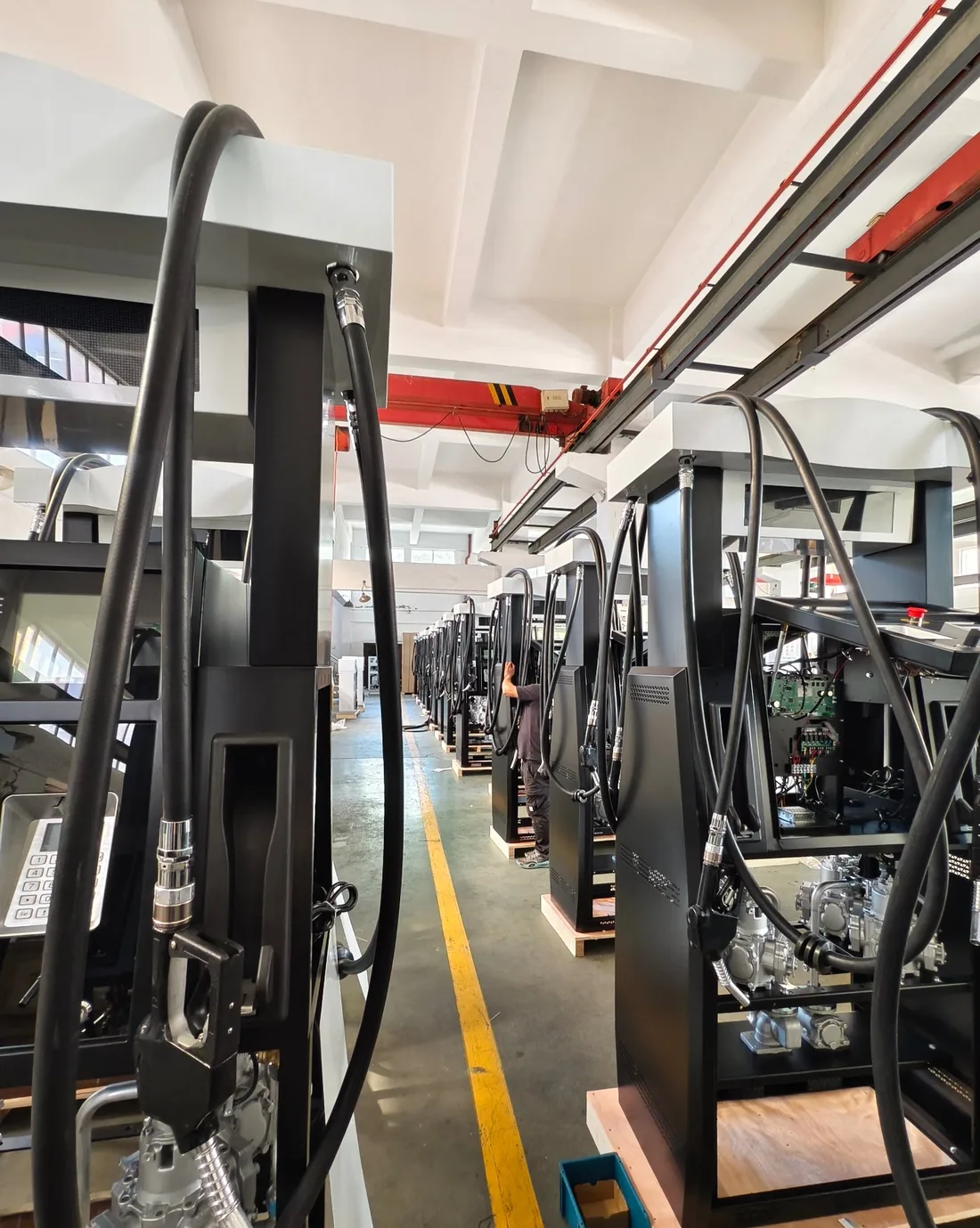 T-Series fuel dispensers with hoses fitted, ready for testing
