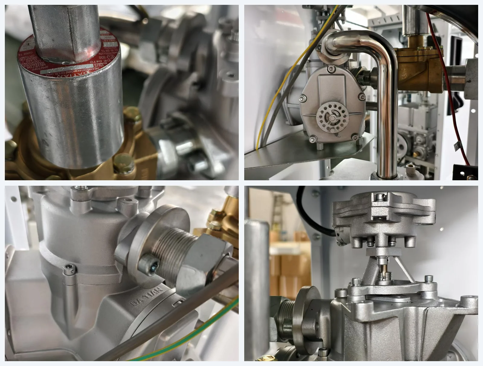 Four high-flow components on the assembly line: the solenoid valve with its rating plate, the pipe run and J6 flow meter, the CP8 pump body cast with the DATIAN name, and the pulser above the pump