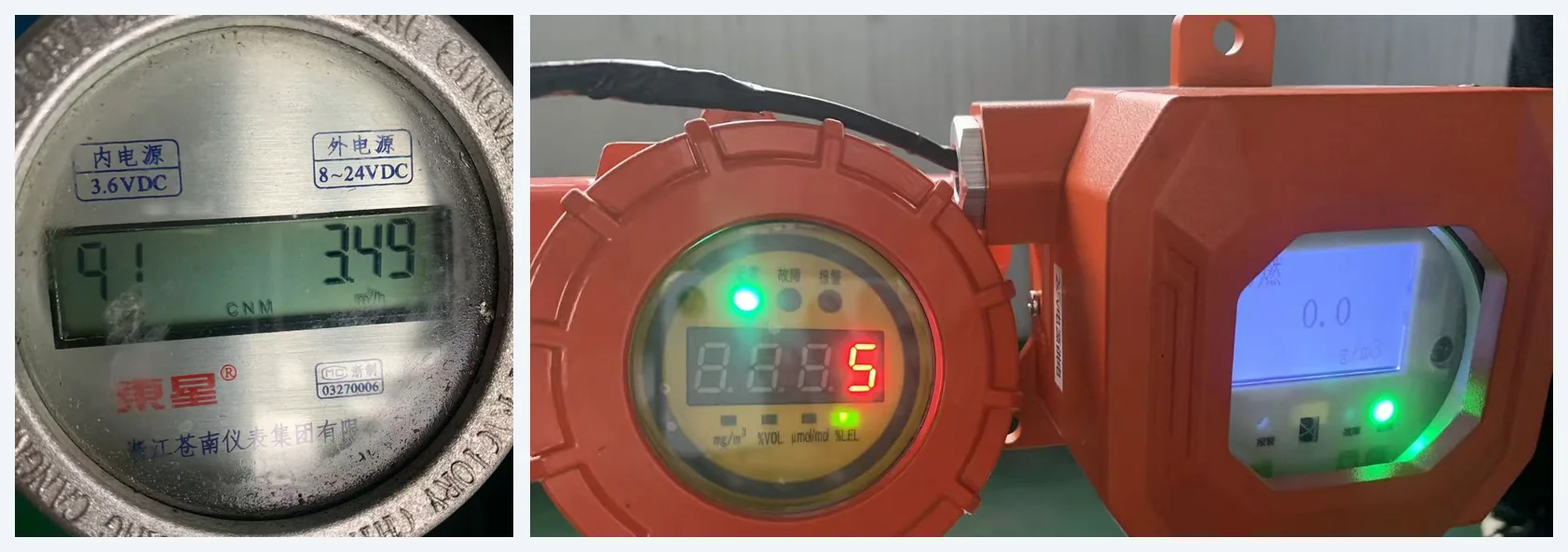 GreenGuard membrane test at 3.49 m³/h: gas meter reading 3.49 m³/h, low-range detector reading 5 % LEL, full-range detector reading 0.0 g/m³