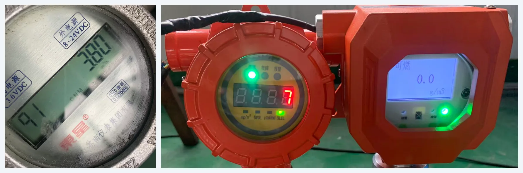 GreenGuard membrane test at 3.80 m³/h: gas meter reading 3.80 m³/h, low-range detector reading 7 % LEL, full-range detector reading 0.0 g/m³