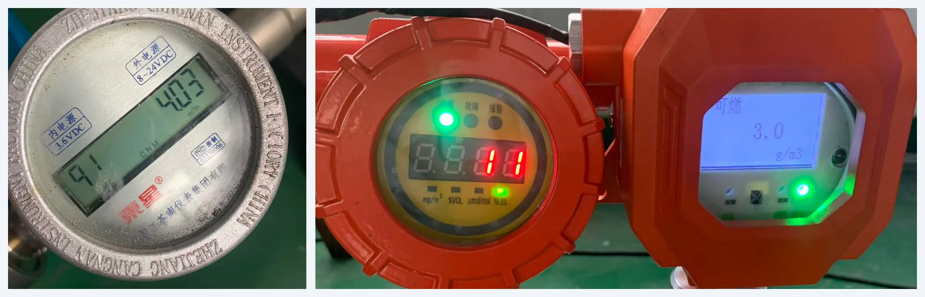 GreenGuard membrane test at 4.03 m³/h: gas meter reading 4.03 m³/h, low-range detector reading 11 % LEL, full-range detector reading 3.0 g/m³