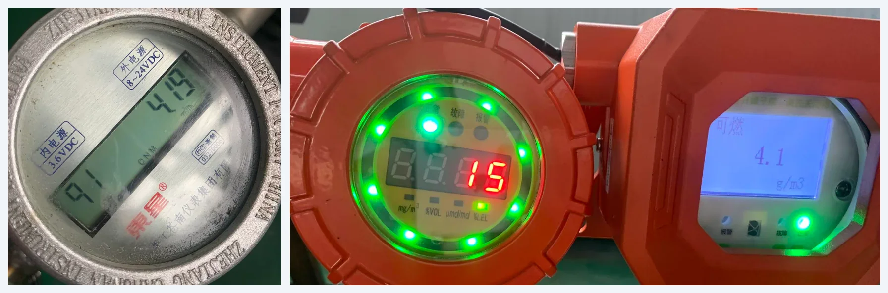 GreenGuard membrane test at 4.19 m³/h: gas meter reading 4.19 m³/h, low-range detector reading 15 % LEL, full-range detector reading 4.1 g/m³