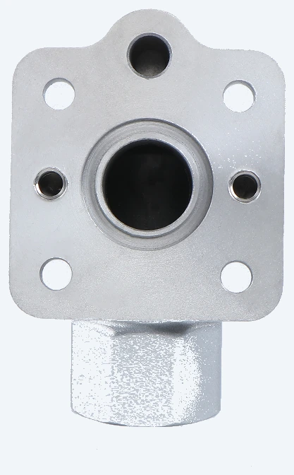 Type C flanged composite hose connector with a 1 in NPT outlet, three-quarter view
