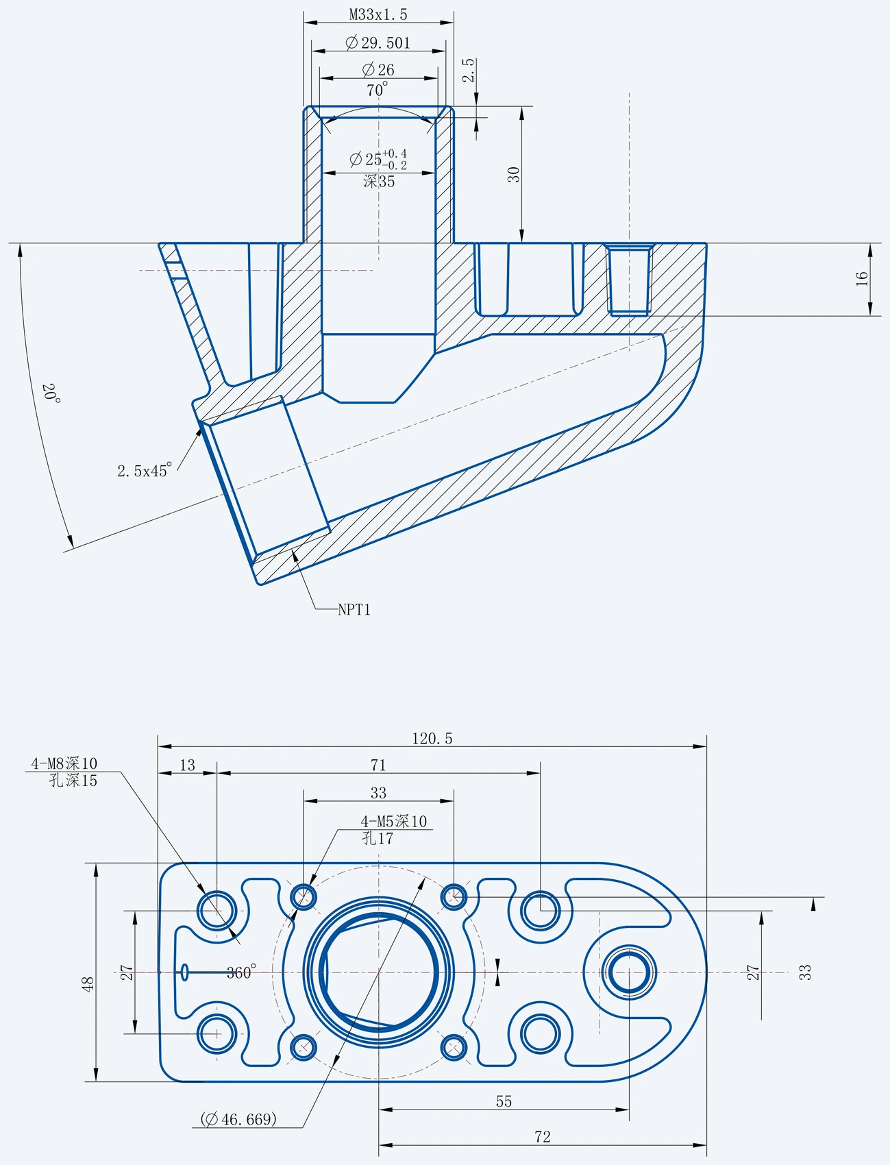 Composite hose connector with a 1 in NPT outlet - installation drawing with principal dimensions