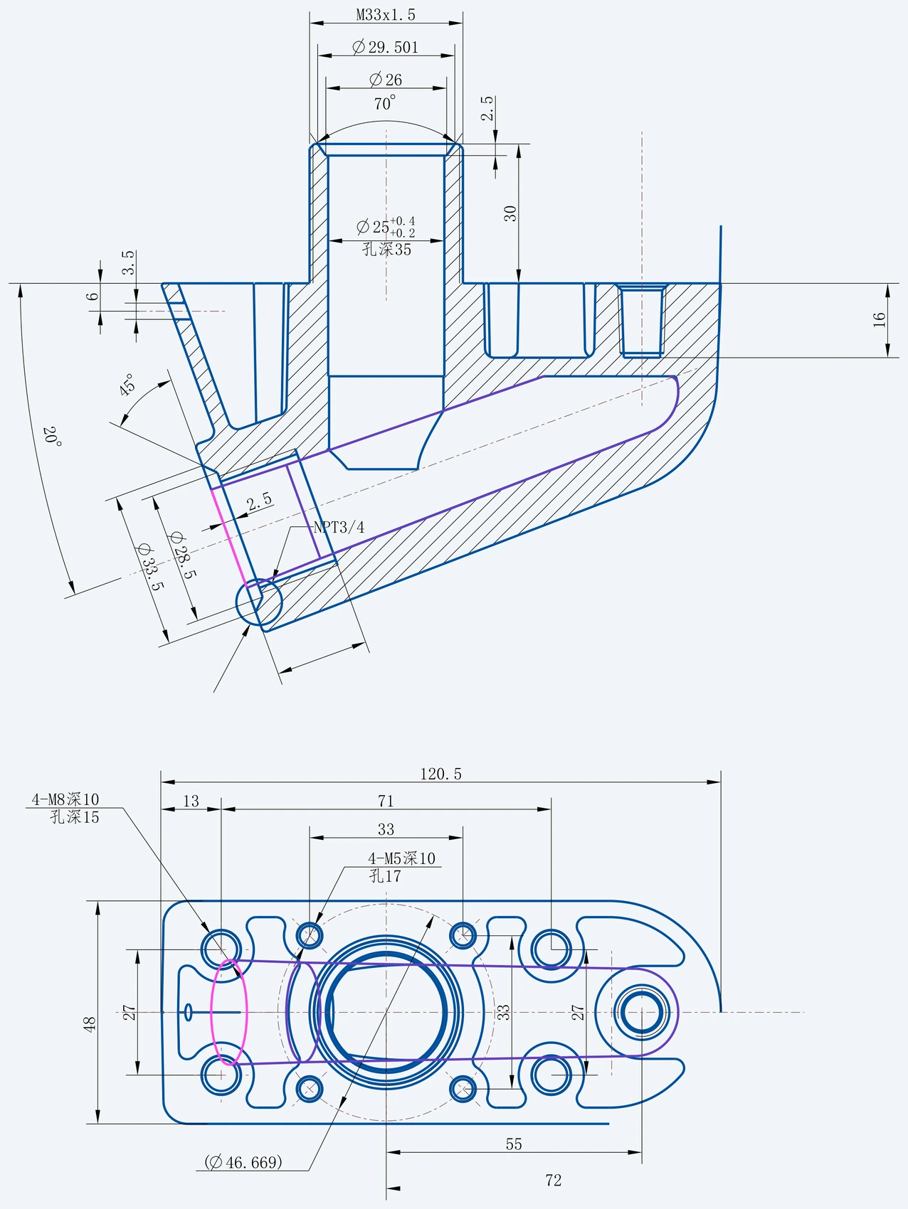 Composite hose connector with a 3/4 in NPT outlet - installation drawing with principal dimensions