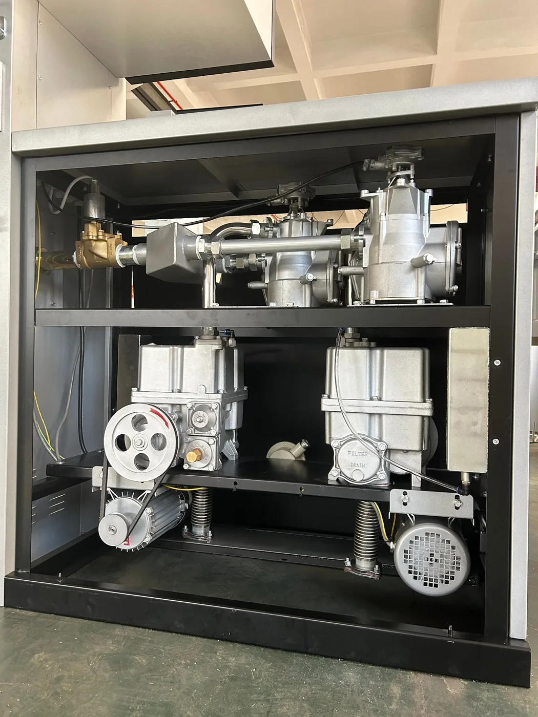 DT-HF 200L open-skid dispenser: twin heavy-duty gear pumps, twin filters and twin pulsers visible inside the cabinet