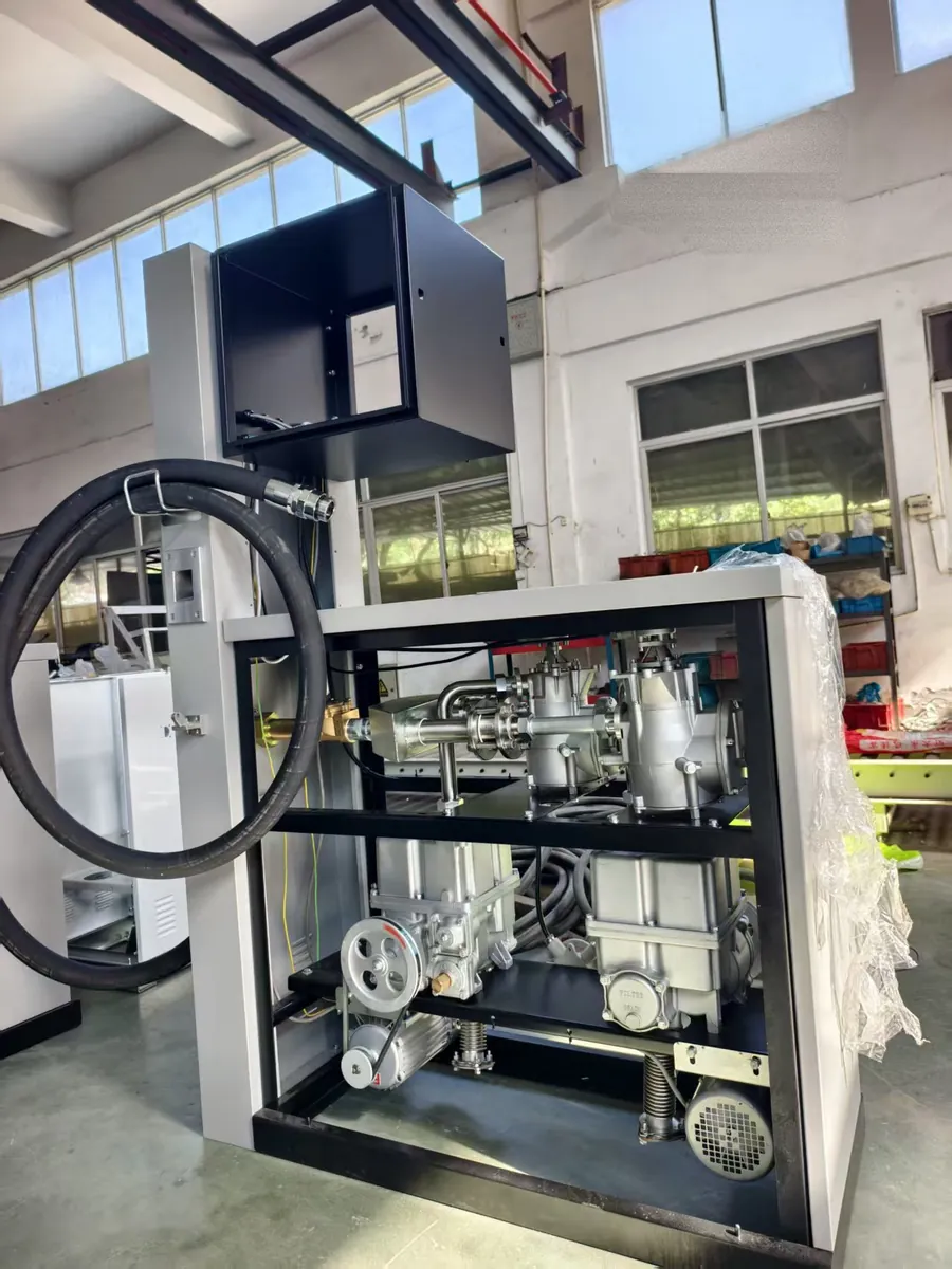 High flow fuel dispenser 120/220 LPM open-skid, full view on the workshop floor