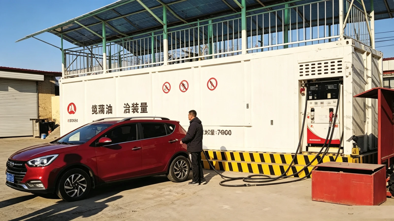 Mobile fuel station refueling a car on site
