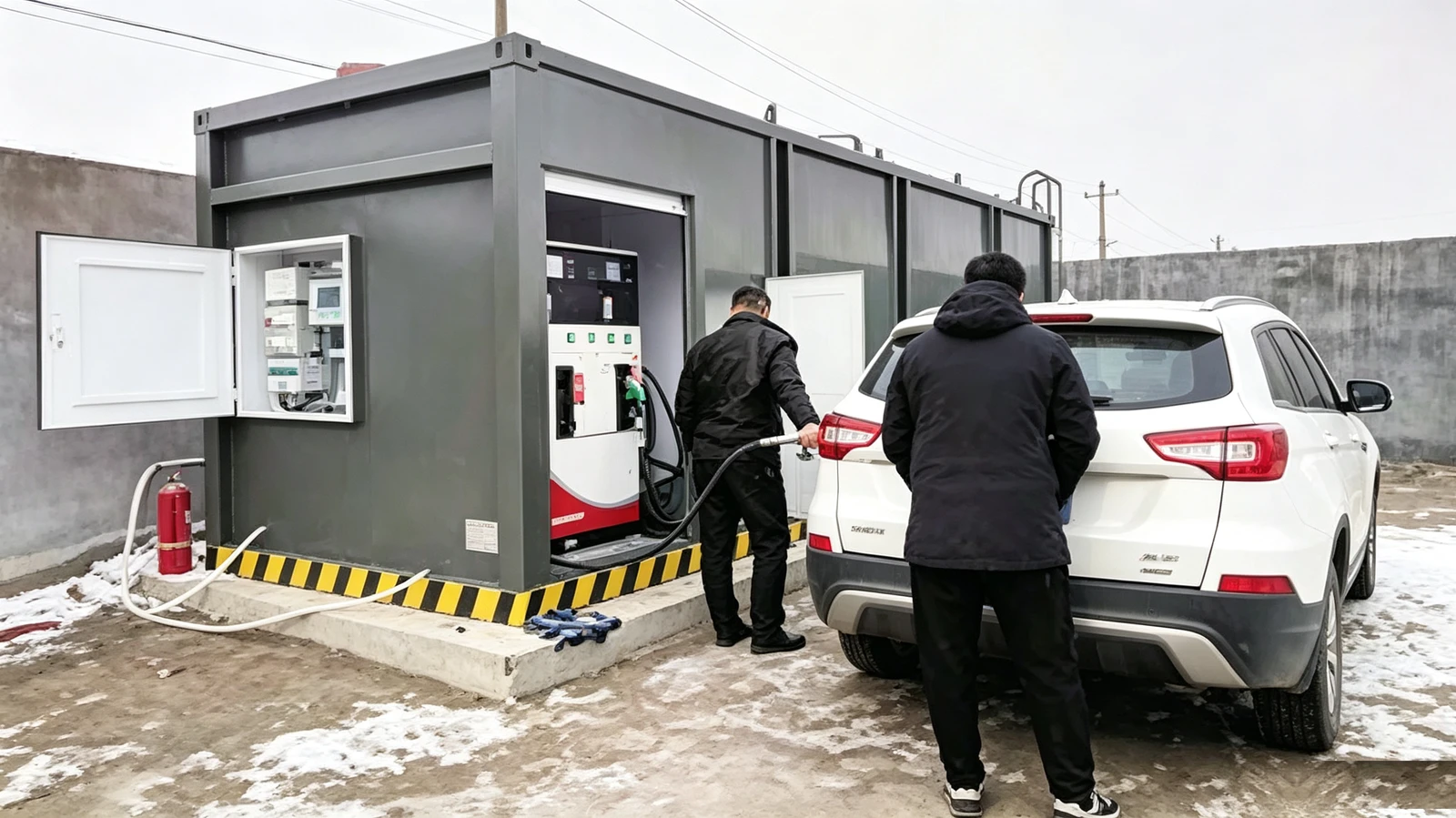 Attendant refueling an SUV at a mobile fuel station in winter