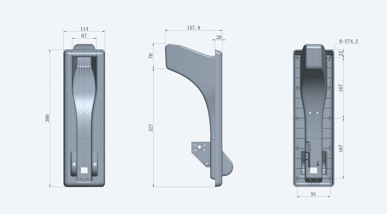 DT-PNH-A installation dimensions drawing &mdash; front, side and rear views with measurements