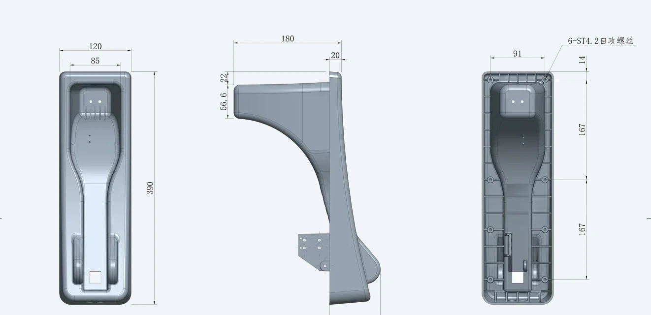 DT-PNH-B installation dimensions drawing &mdash; front, side and rear views with measurements