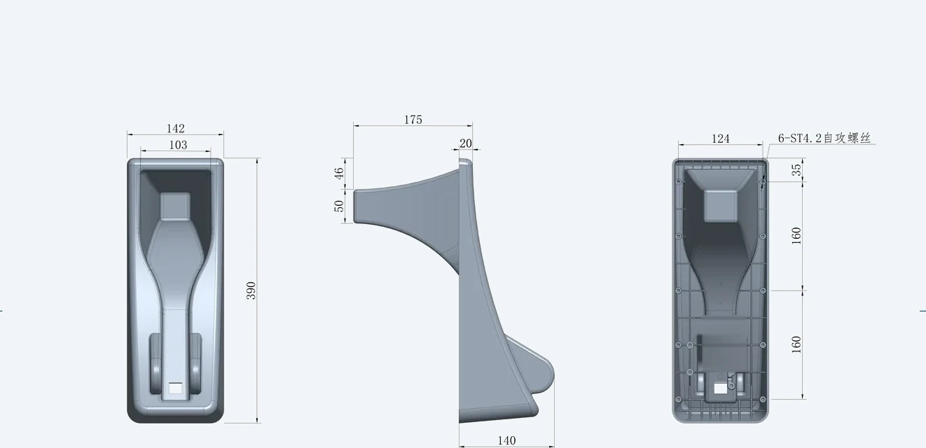 DT-PNH-C installation dimensions drawing &mdash; front, side and rear views with measurements