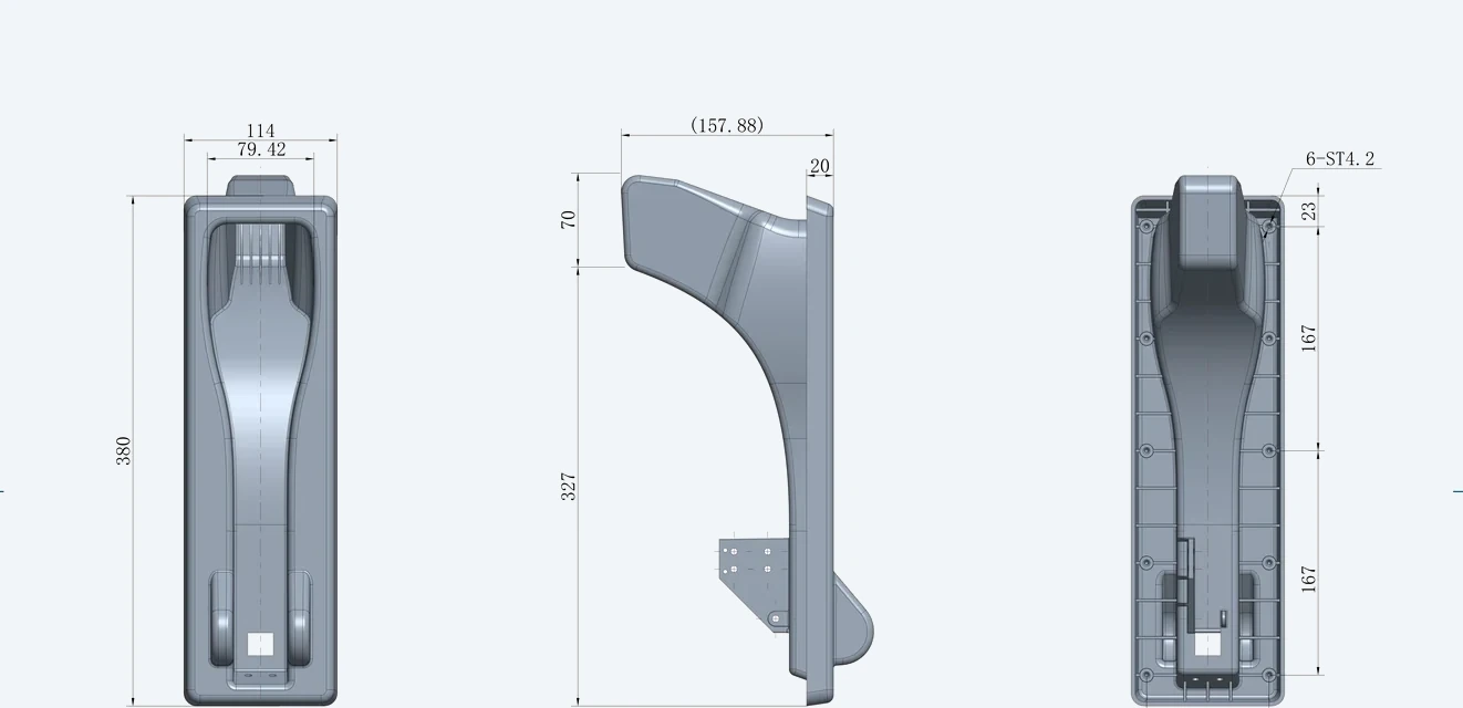 DT-PNH-D installation dimensions drawing &mdash; front, side and rear views with measurements
