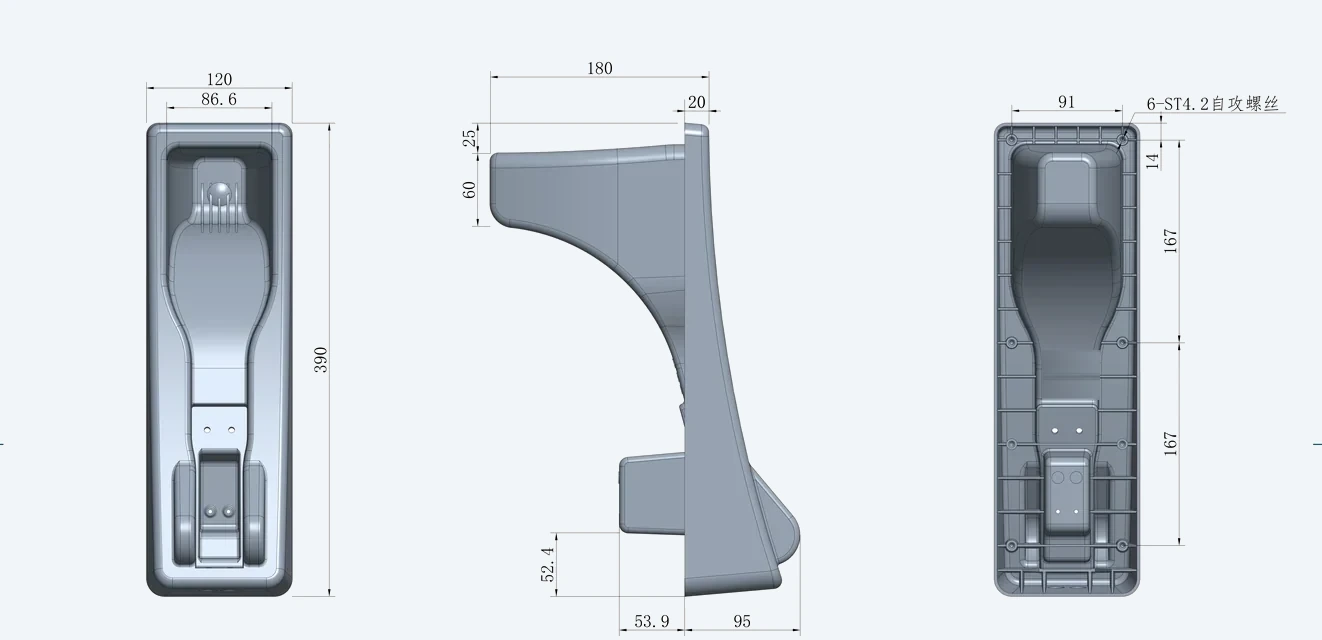 DT-PNH-E installation dimensions drawing &mdash; front, side and rear views with measurements