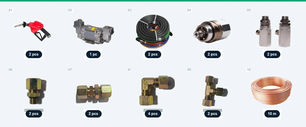 Package B: the ten line items of the dual-nozzle Stage II retrofit kit laid out as a set