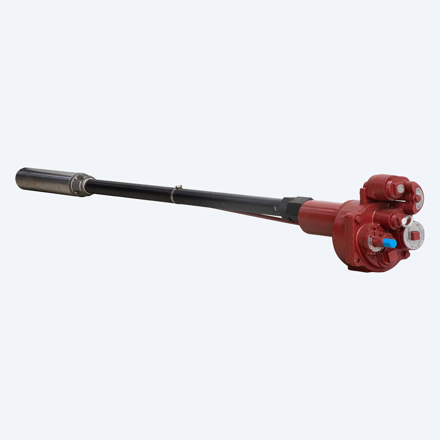 Type DT-STP submersible turbine pump — complete unit with red discharge head, black column pipe and stainless motor end