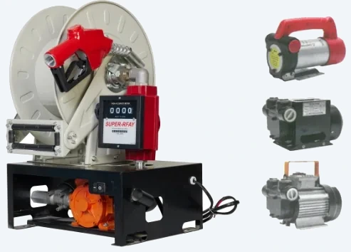 DT-JP01 mechanical pump set with hose reel, open-frame reel with red dispense nozzle and meter