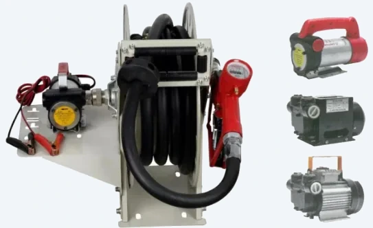 DT-JP03 mechanical pump set with hose reel, skid-mounted reel with electric pump and battery leads