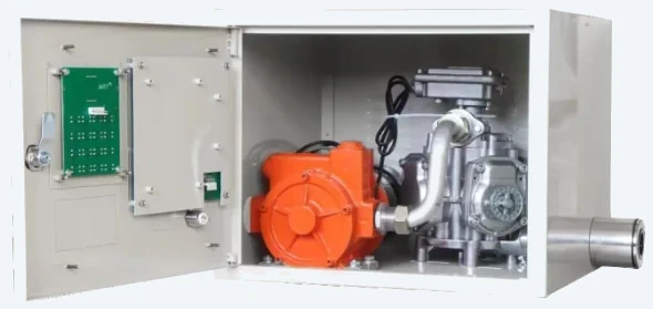 DT-TM3 microwave fuel dispenser, open cabinet showing pump and flow meter assembly