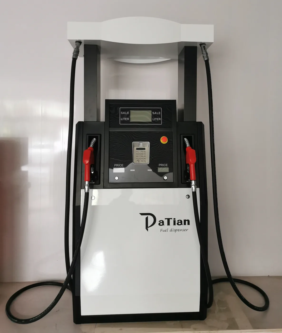 DT-G two-nozzle white cabinet with red nozzles, side view