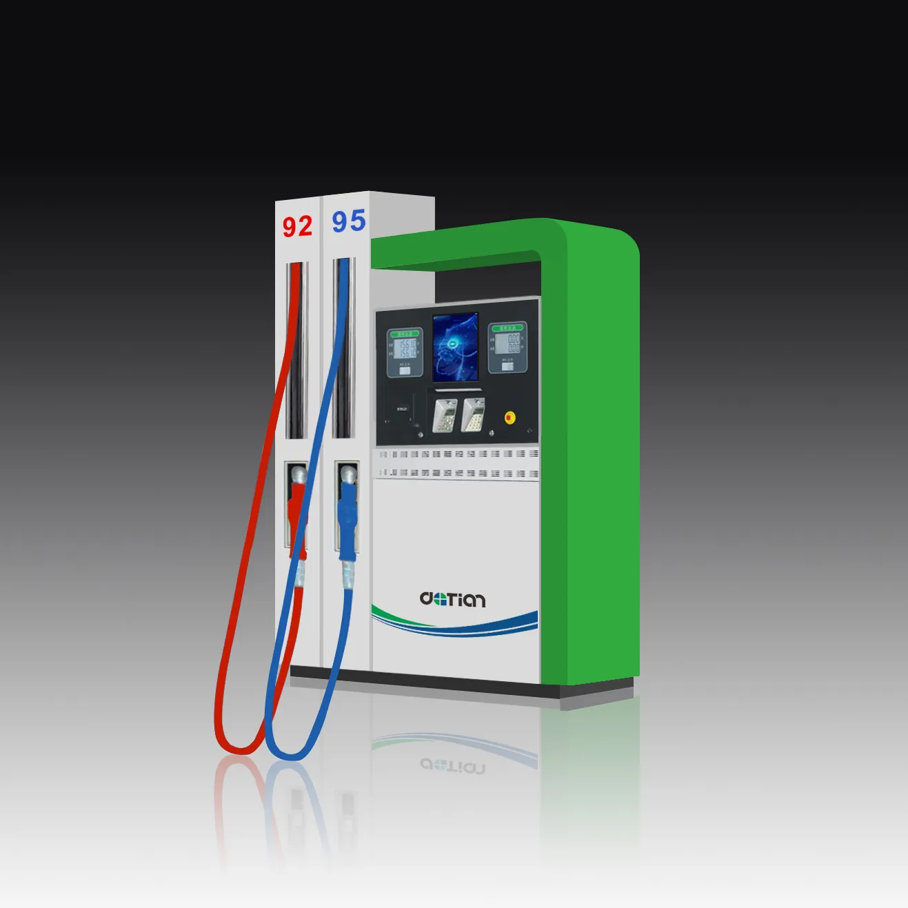 DT-M multimedia dispenser, DaTian 3D render, two-nozzle narrow cabinet with green surround and blue LED screen