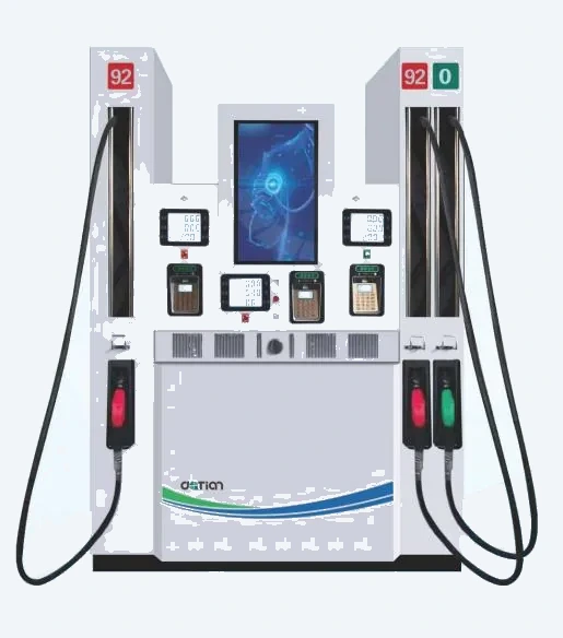 DT-M multimedia dispenser, DaTian 3D render, two-nozzle cabinet with vertical LED center, blue wave accent