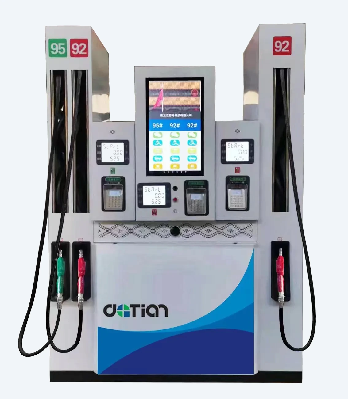 DT-M multimedia dispenser, DaTian 3D render, four-nozzle wide cabinet with vertical LED center, blue wave accent
