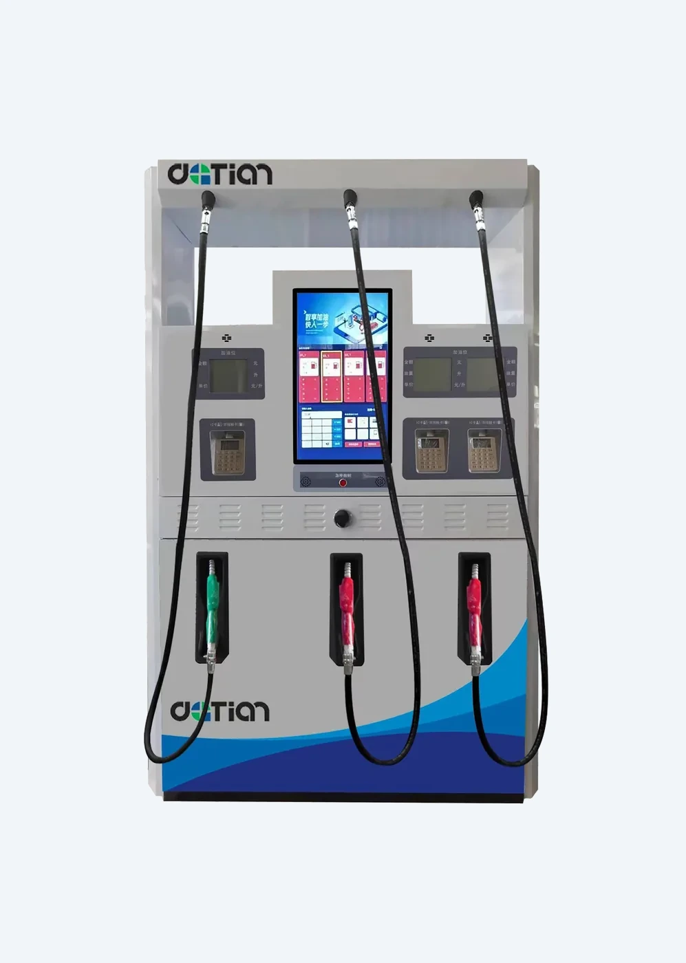 DT-M multimedia dispenser, DaTian 3D render, three-nozzle cabinet (two left, one right) with vertical LED center, DaTian logo on top