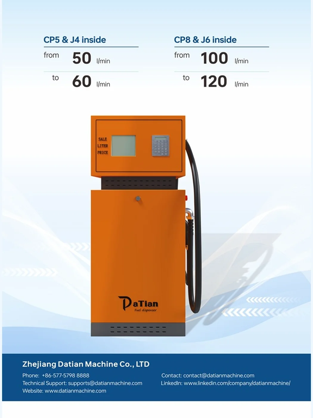 DT-T compact series flow rate poster: CP5/J4 from 50 to 60 LPM, CP8/J6 from 100 to 120 LPM