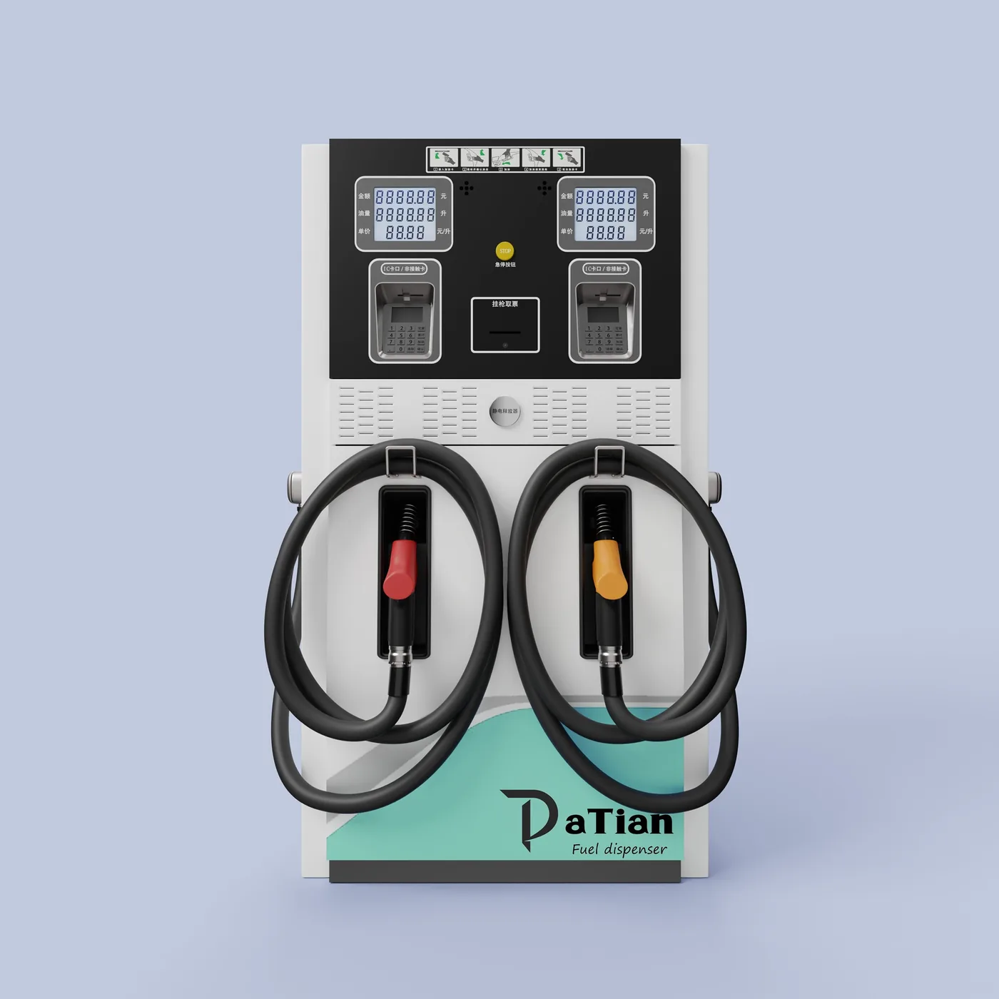 DT-T2 twin-nozzle compact dispenser, DaTian 3D render with two hoses, side angle