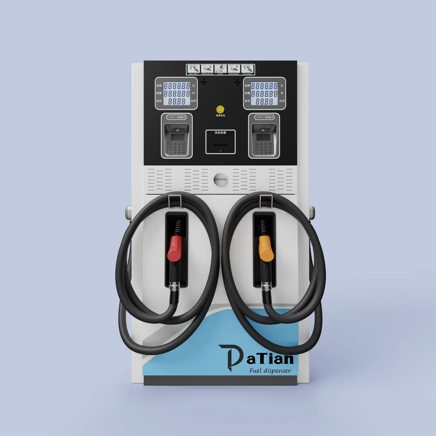 DT-T2 twin-nozzle compact dispenser, DaTian 3D render, blue wave cabinet